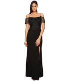 Adrianna Papell Fringe Knit Crepe Off The Shoulder Gown (black) Women's Dress