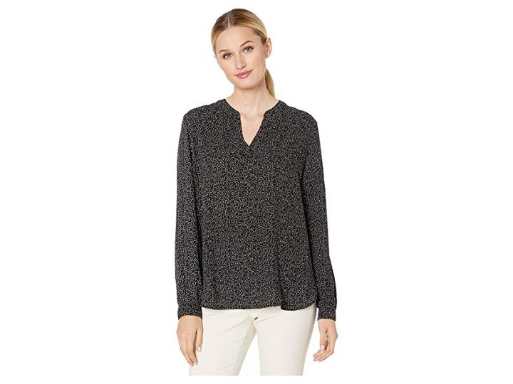 Anne Klein Split-neck High-low Long Sleeve Blouse (anne Black/morning Light Combo) Women's Blouse