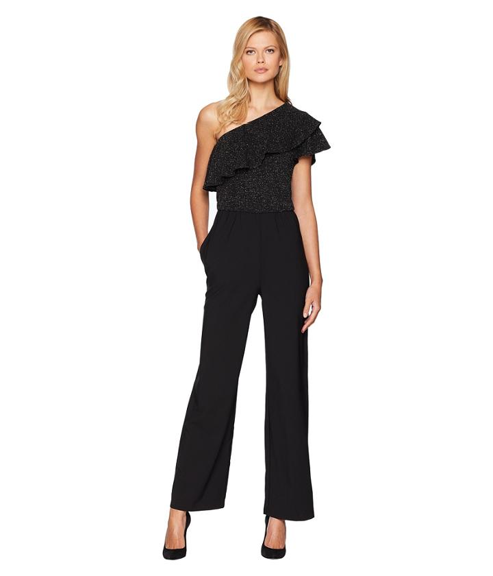 Eci One Shoulder Metallic Bodice Knit Jumpsuit (black/silver) Women's Jumpsuit & Rompers One Piece