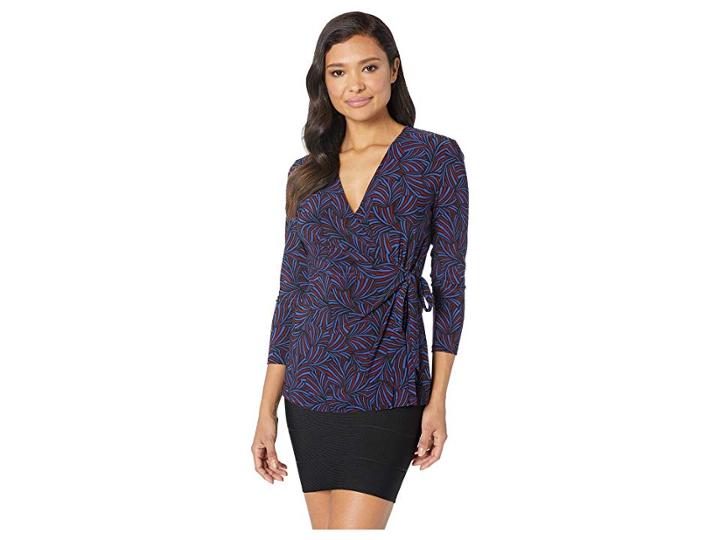 Anne Klein Celeste Print Faux 3/4 Sleeve Wrap Top (gauguin/cordovan/combo) Women's Blouse