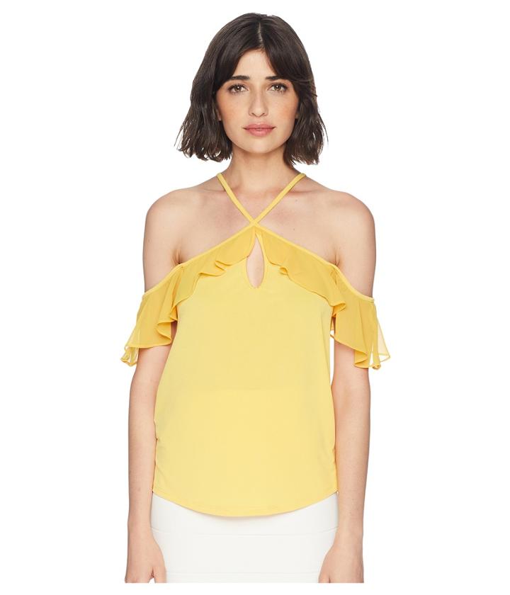 Bcbgeneration Ruffle Off Shoulder Halter Top (honeygold) Women's Clothing