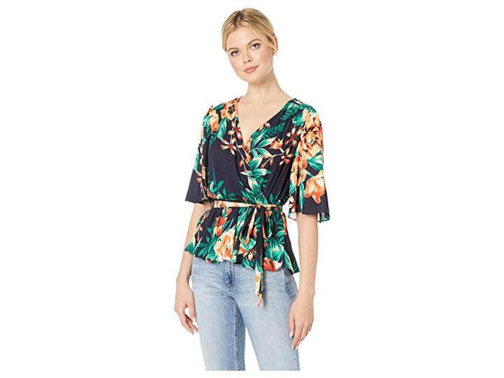 Eci Tropical Floral Gauze Wrap Top (navy/orange) Women's Clothing