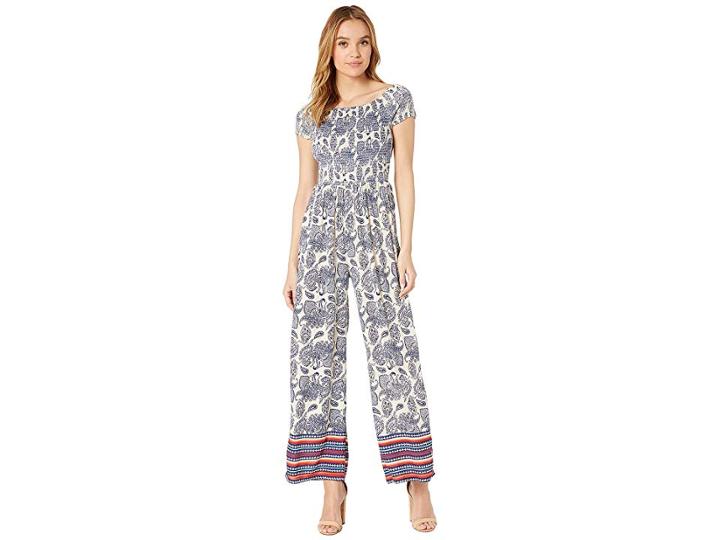 Angie Smocked Bodice Short Sleeve Jumpsuit (blue) Women's Jumpsuit & Rompers One Piece