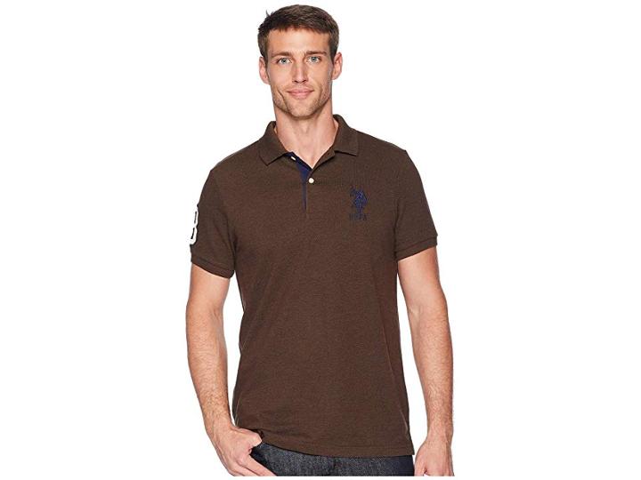 U.s. Polo Assn. Slim Fit Solid Polo W/ Contrast Striped Underside Of Collar (brown Heather) Men's Short Sleeve Knit