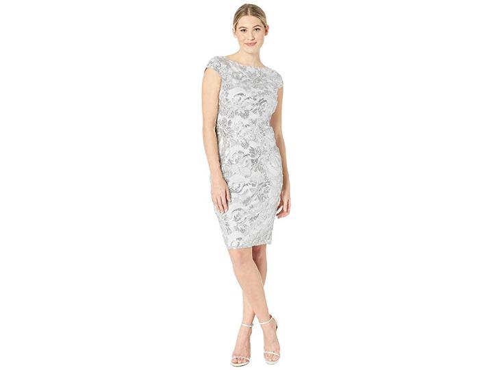 Marina Short Sleeve Sequin Embroidered Lace Sheath (silver) Women's Clothing