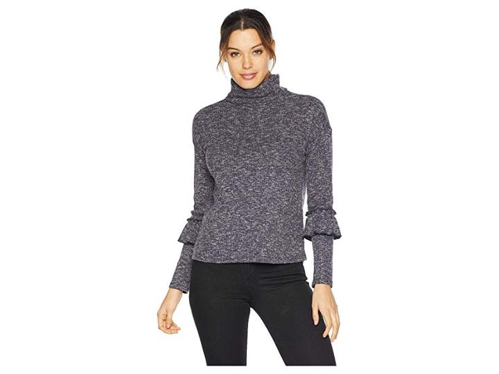 Two By Vince Camuto Melange Rib Mock Neck Tiered Ruffle Sleeve Top (classic Navy) Women's Clothing