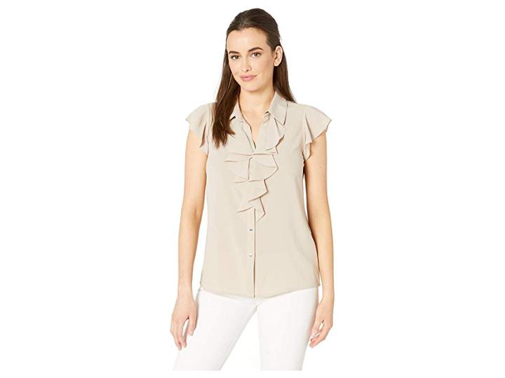 Calvin Klein Ruffle Short Sleeve Top (khaki) Women's Clothing