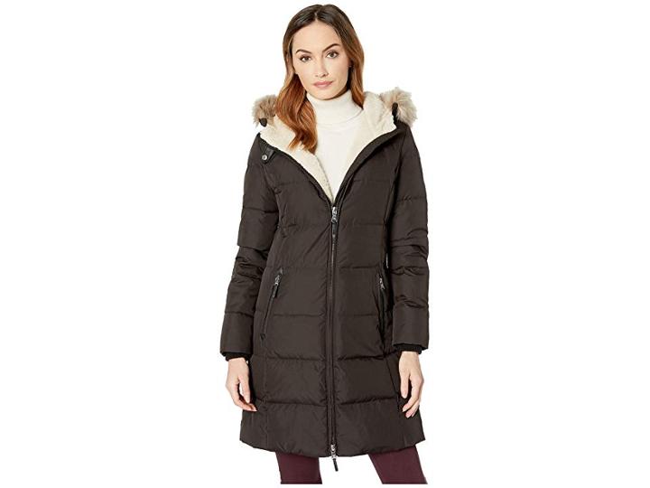 Lauren Ralph Lauren Faux Leather Trim Hooded Down W/ Berber (black) Women's Coat