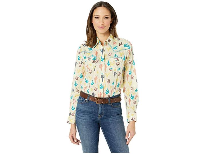 Wrangler Western Long Sleeve Snap Cactus Print Shirt (tan Multi) Women's Clothing