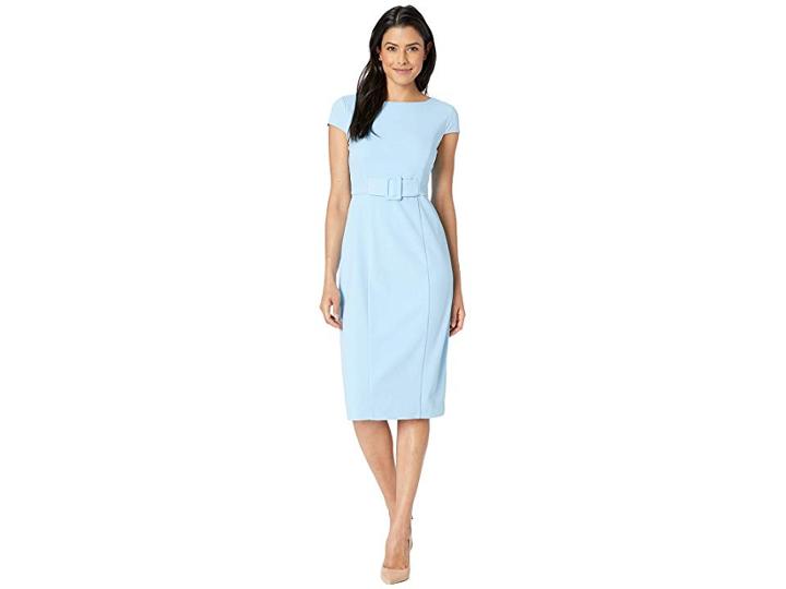 Donna Morgan Crepe Cap Sleeve Inset Belt Sheath Dress (blue Cadet) Women's Dress