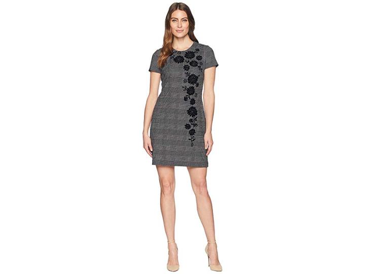 Calvin Klein Short Sleeve Flocked Plaid Dress Cd8c33pt (black/cream) Women's Dress