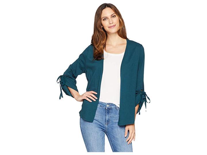 B Collection By Bobeau Nia Ruched Sleeve Knit Cardigan (teal) Women's Sweater