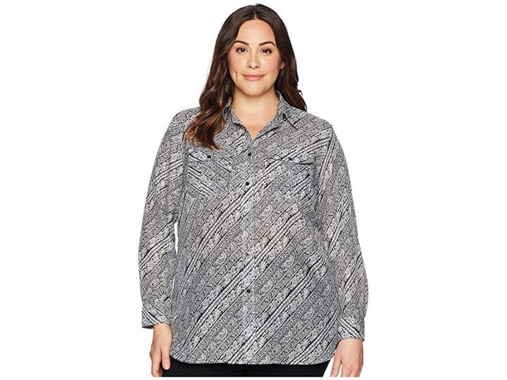 Lauren Ralph Lauren Plus Size Silk Cotton Voile Long Sleeve Shirt (polo Black/soft White) Women's Clothing