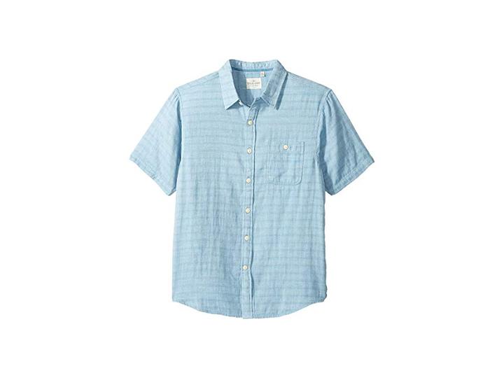 True Grit Indigo Surf Plaid One-pocket Short Sleeve Shirt Double Light Combed Cotton (light Chambray) Men's Clothing