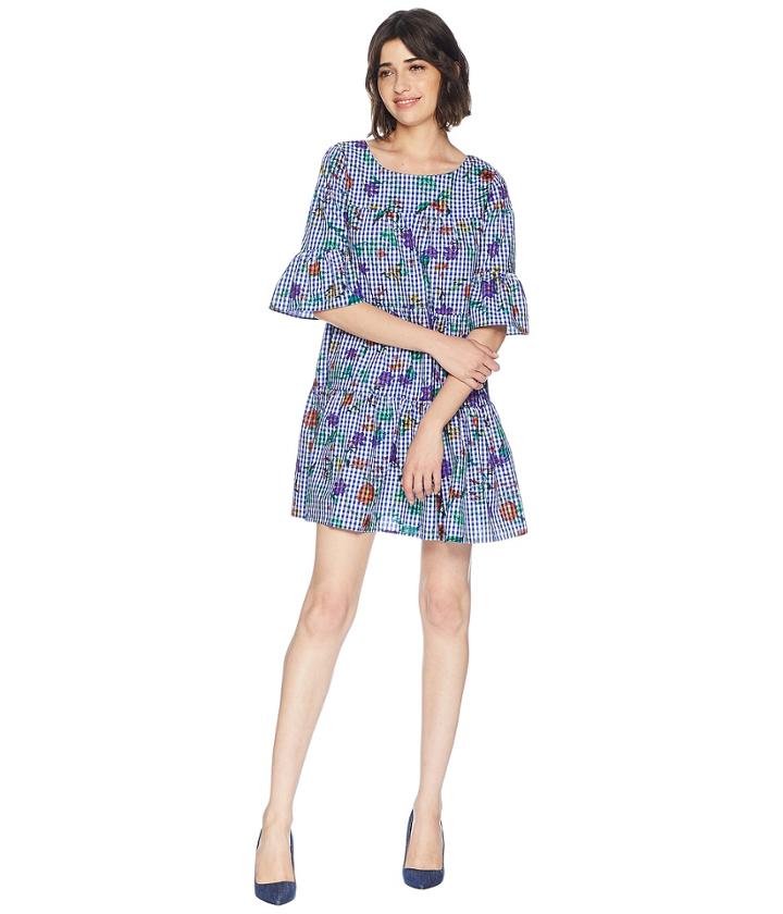 Romeo & Juliet Couture Flower Print Gingham Dress (blue/white) Women's Dress