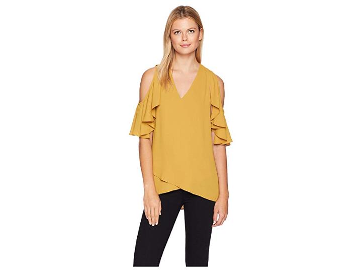 Karen Kane Ruffle Sleeve Crossover Top (mustard) Women's Clothing
