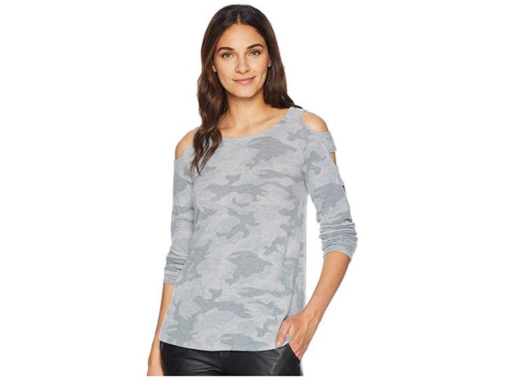 Pink Rose Cold Shoulder Long Sleeve Strapped Top W/ Banded Cuff (camo Print) Women's Clothing