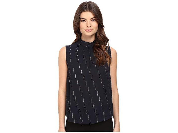 Rebecca Taylor Metallic Mock Neck Top (navy) Women's Sleeveless