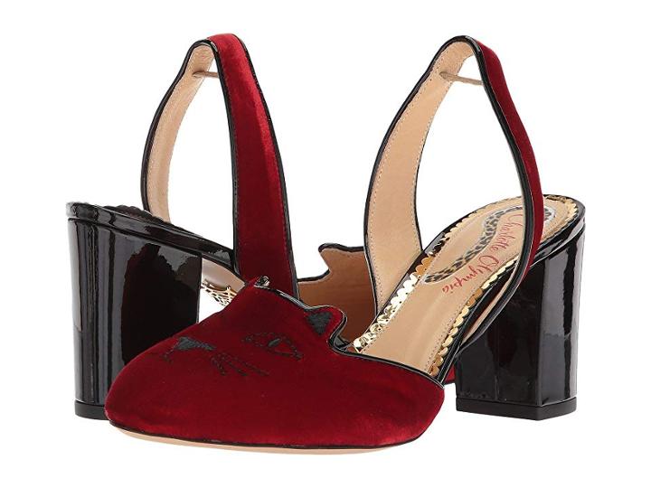 Charlotte Olympia Kitty Slingback (red/black Velvet/patent) High Heels