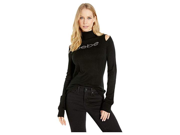 Bebe Cut Out Shoulder Turtleneck Sweater (jet Black) Women's Sweater