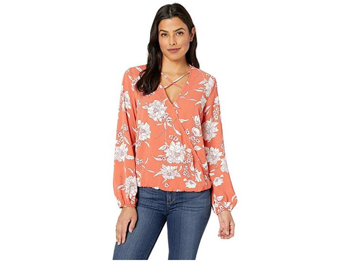 Bobeau Bubble Crepe Woven Top (stencil Floral Coral) Women's Blouse