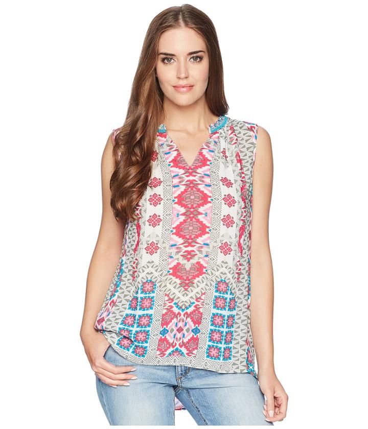Tribal Printed Sleeveless Blouse W/ Beads At Neck (hi Pink) Women's Blouse