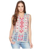 Tribal Printed Sleeveless Blouse W/ Beads At Neck (hi Pink) Women's Blouse