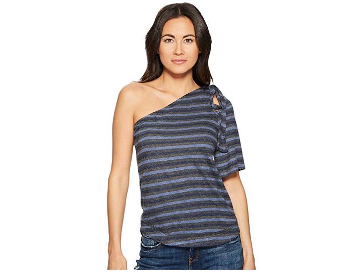 Lucky Brand One Shoulder Stripe Top (navy Multi) Women's Short Sleeve Pullover