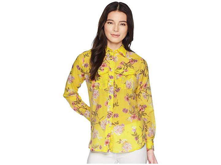 Lauren Ralph Lauren Petite Floral Button Down Shirt (yellow Multi) Women's Clothing