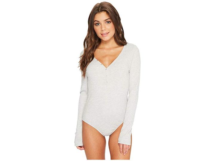 Felina Long Sleeve Rib Bodysuit With V-neckline (heather Grey) Women's Jumpsuit & Rompers One Piece