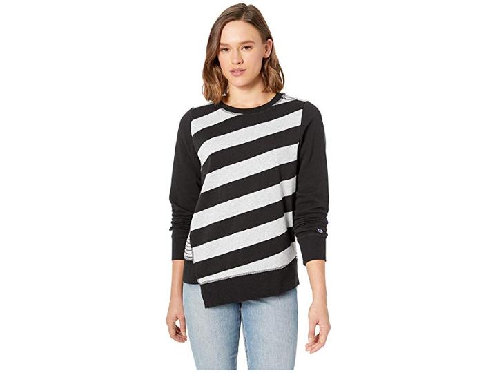Champion Heritage Fleece Asymmetrical Stripe Crew (black/oxford Grey Heather) Women's Clothing