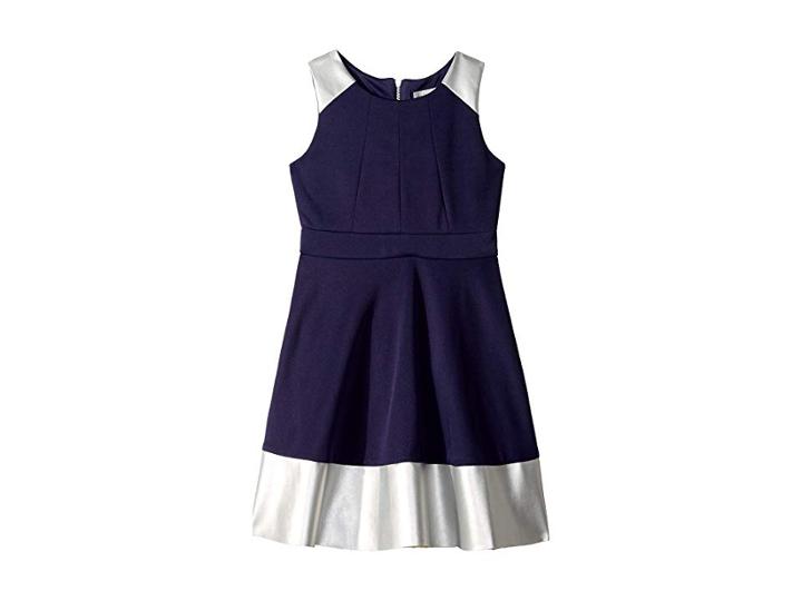 Us Angels Sleeveless Skater Dress With Metallic Pleather Trim (big Kids) (navy) Girl's Dress