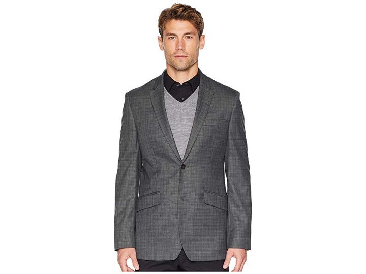 Perry Ellis Slim Fit Washable Plaid Suit Jacket (charcoal Heather) Men's Jacket