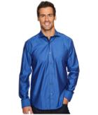 Bugatchi Long Sleeve Shaped Fit Point Collar Shirt (classic Blue) Men's Long Sleeve Button Up