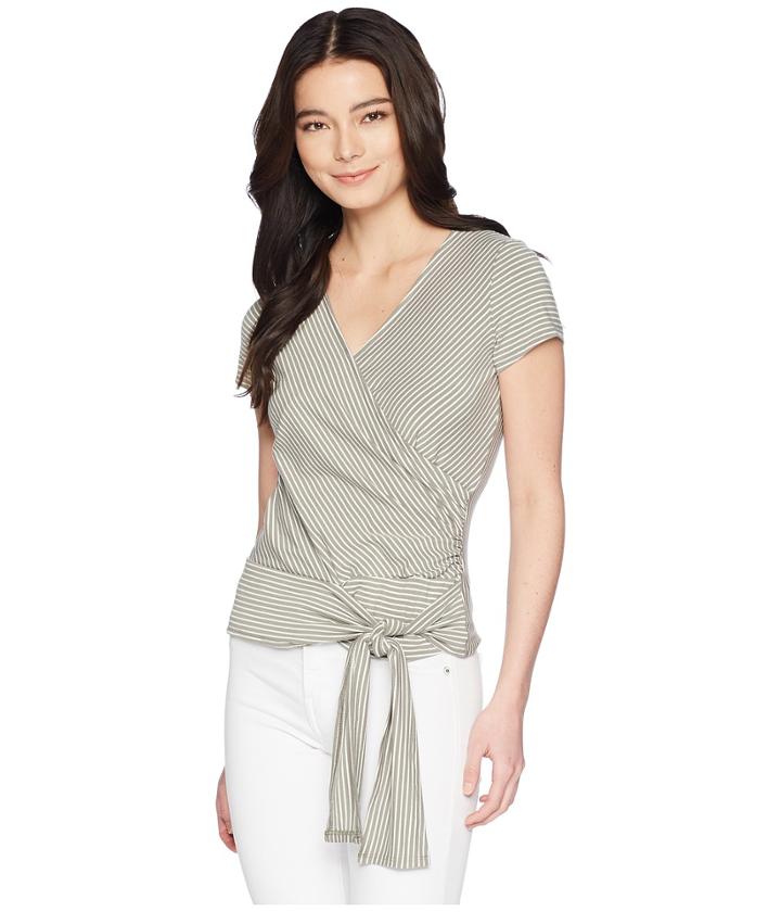 Vince Camuto Specialty Size Petite Cap Sleeve Stripe Faux Wrap Tie Waist Top (camo Green) Women's Clothing