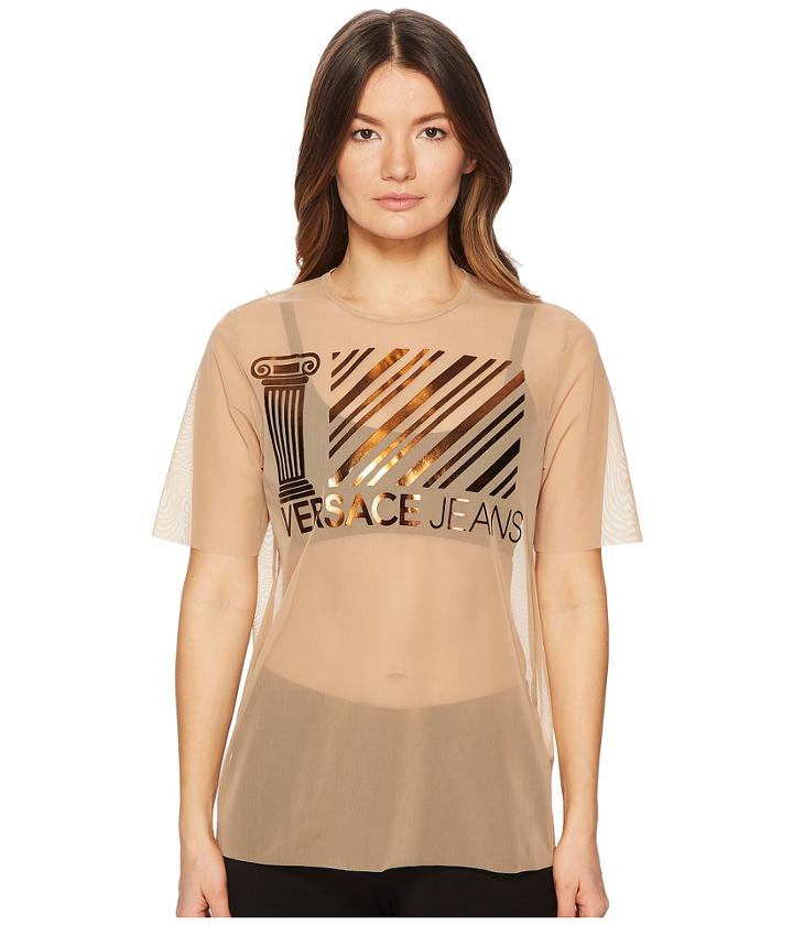 Versace Jeans Sheer Designed Brand Short Sleeve Top (rose Dust) Women's Clothing