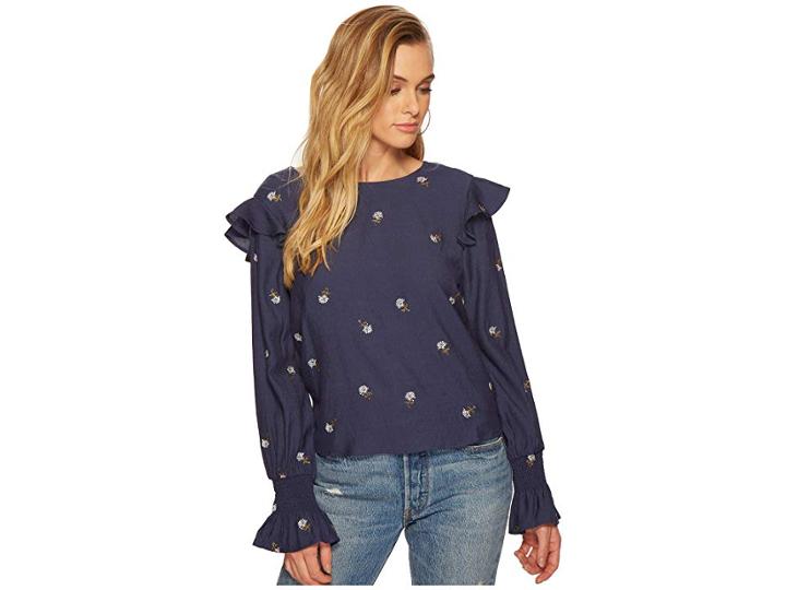 J.o.a. Embroidered Blouson Sleeve Top (navy) Women's Clothing