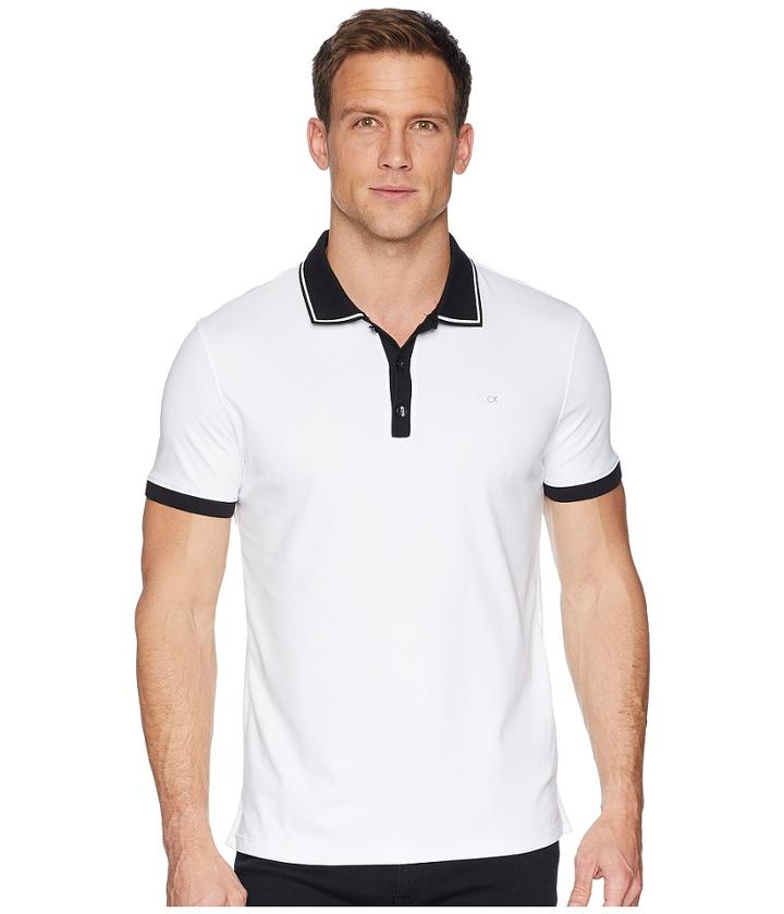 Calvin Klein Short Sleeve Front Panel Jacquard Solid Tipped Polo (standard White) Men's Clothing