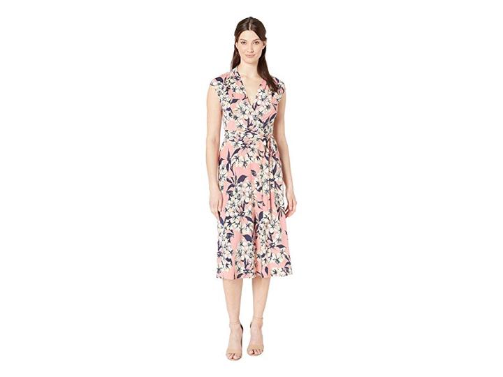 London Times Surplus Midi Dress W/ Self Sash (pink Multi) Women's Dress