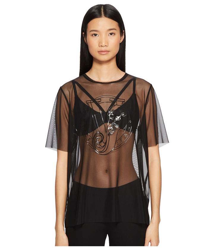 Versace Jeans Sheer Designed Logo Short Sleeve Top (nero) Women's Clothing