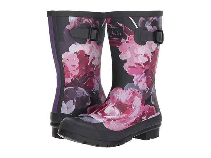 Joules Mid Molly Welly (black Winter Floral) Women's Rain Boots