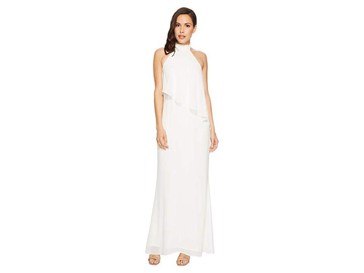 Laundry By Shelli Segal Chiffon Halter Gown With Asymmetrical Popover (marshmallow) Women's Dress