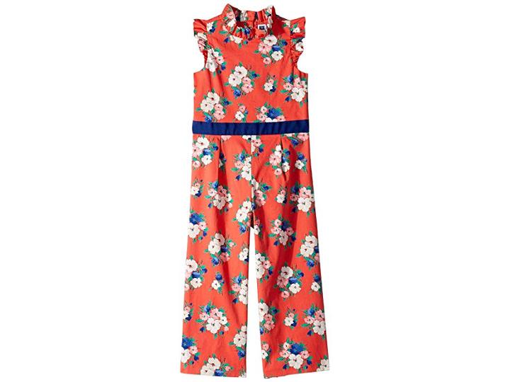 Janie And Jack Sleeveless Ruffle Romper (toddler/little Kids/big Kids) (coral Navy Floral) Girl's Jumpsuit & Rompers One Piece