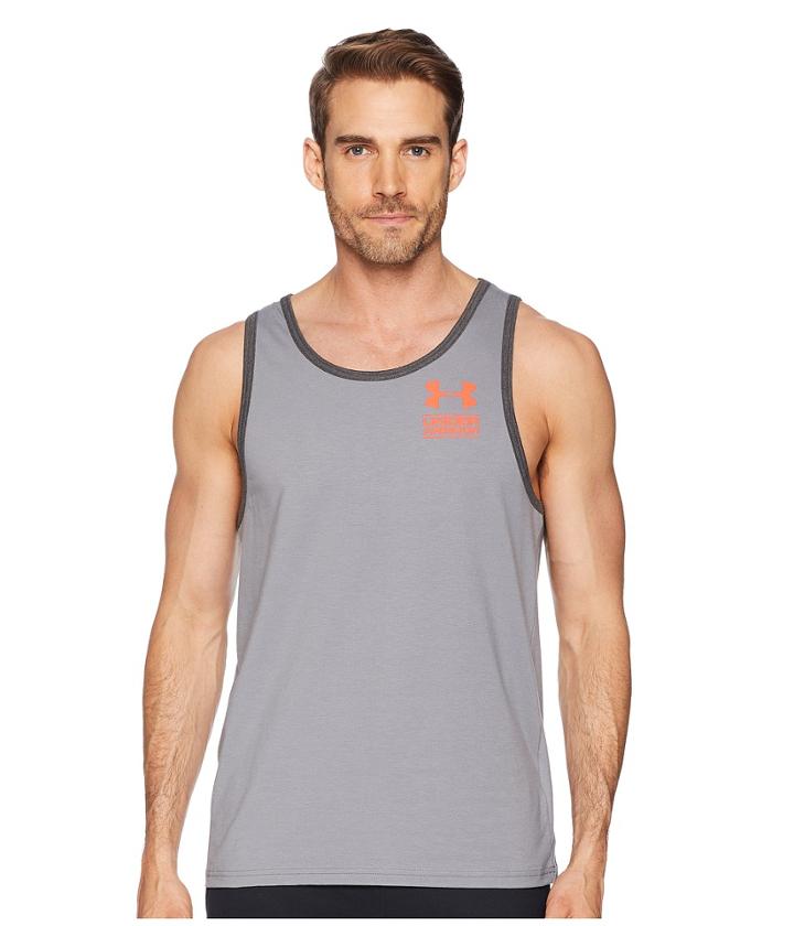 Under Armour Ua Stacked Left Chest Tank Top (zinc Gray/stealth Gray/neon Coral) Men's Sleeveless