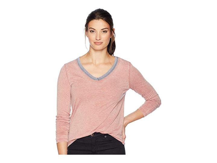 Dylan By True Grit Bowery Burnout Long Sleeve V-neck With Contrast Trim (vintage Papaya) Women's Clothing
