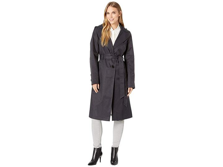 Via Spiga Long Hooded Belted Trench Coat With Faux Leather Detail (navy) Women's Coat