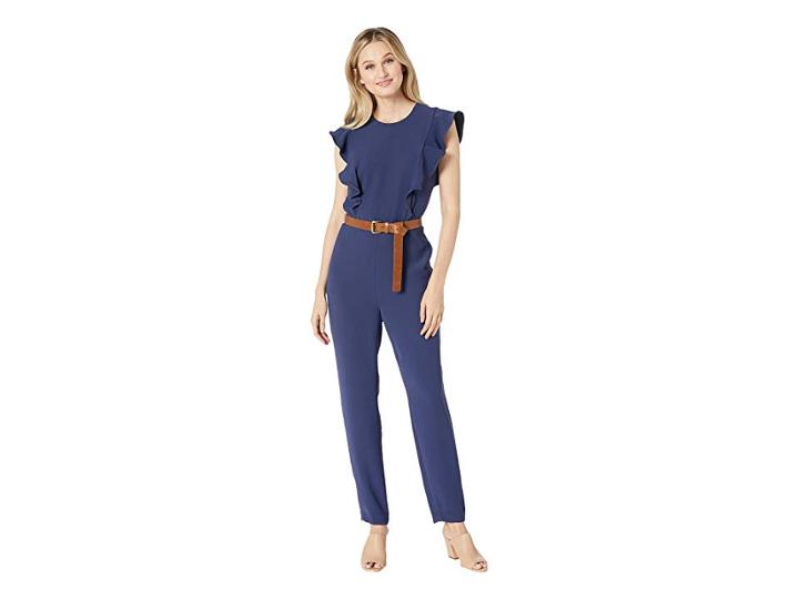 Michael Michael Kors Belted Ruffle Jumpsuit (true Navy) Women's Jumpsuit & Rompers One Piece