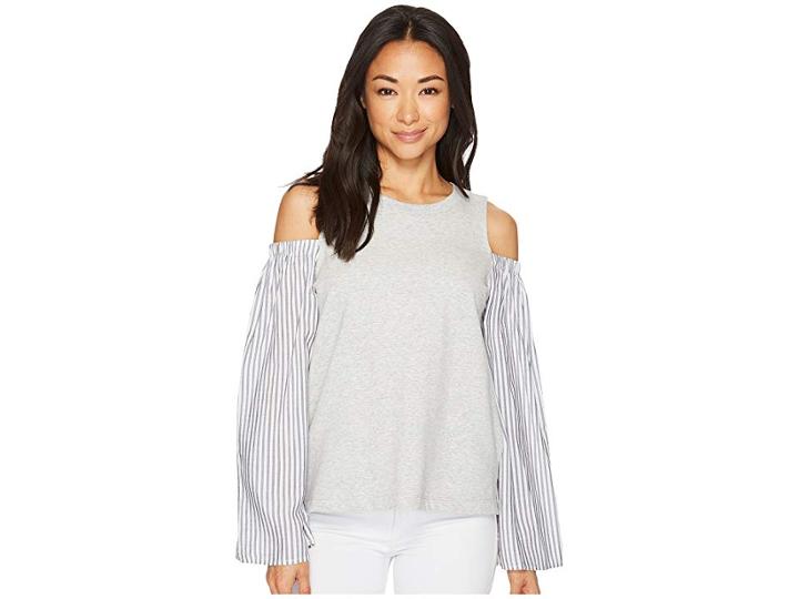 Two By Vince Camuto Striped Bell Sleeve Mix Media Cold Shoulder Top (grey Heather) Women's Clothing