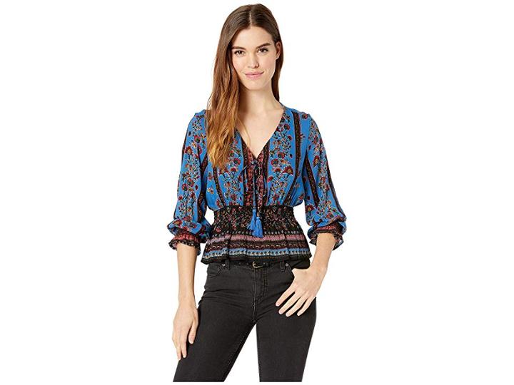 Angie Lace-up Long Sleeve Printed Top (teal) Women's Clothing