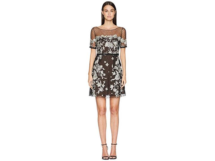 Marchesa Cap Sleeve Boat Neck A-line Embroidered Flocked Tulle Cocktail (black/white) Women's Dress